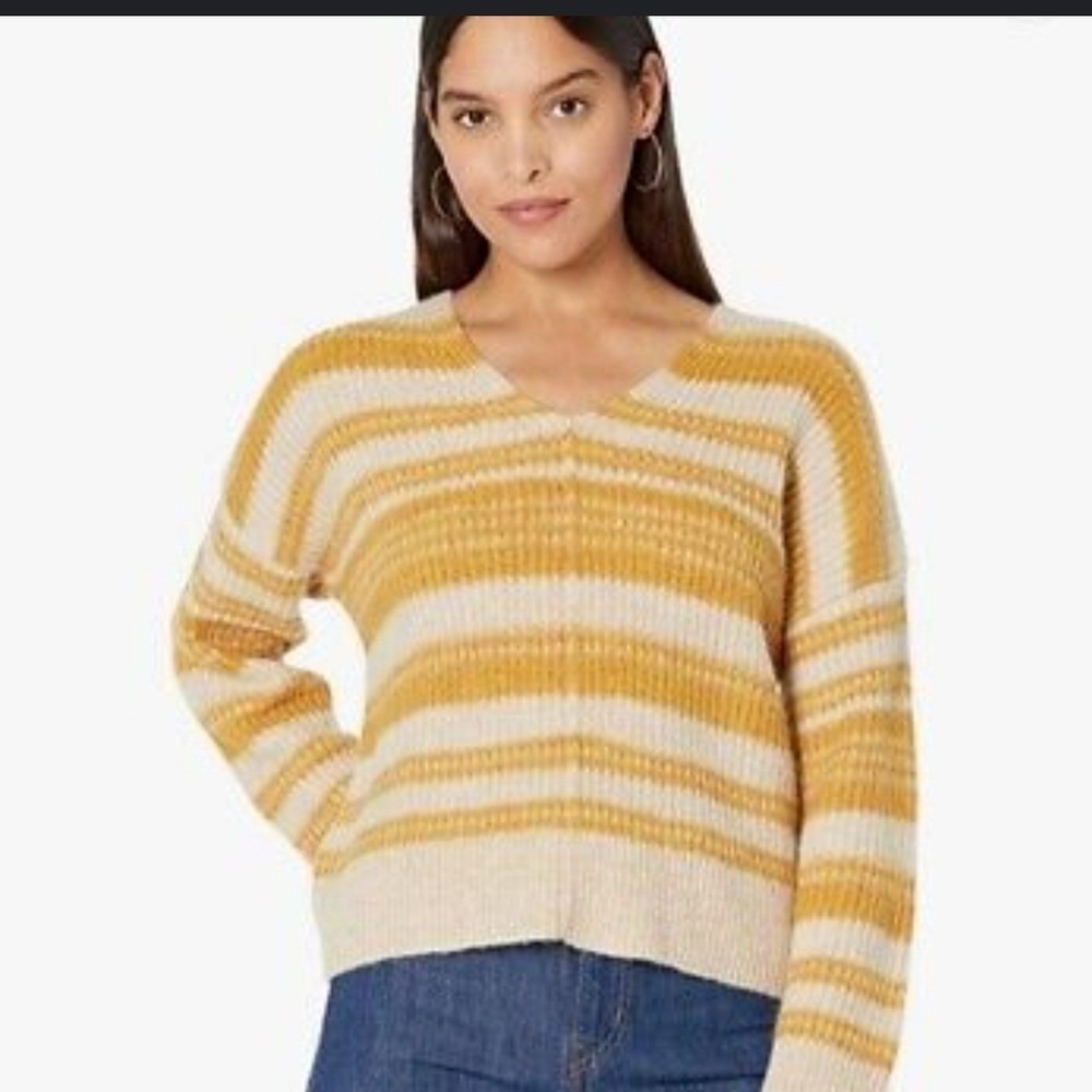 Madewell Striped V-Neck Alpaca Merino Wool Blend Sweater Yellow Cream XXS‎